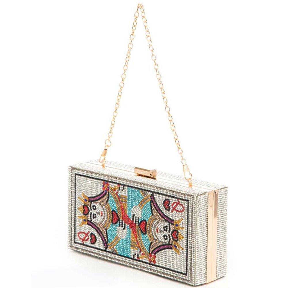 BNWT Brand New Poker Queen Of Heart Rhinestone Box Clutch Evening Box Clutch